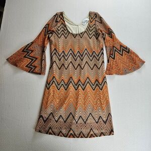 Chevron Crocheted Bell Sleeve Mini Dress Brown 70s Mod Funky Retro Large